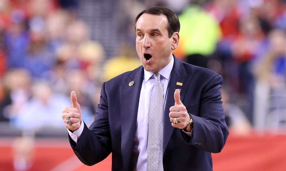 INDIANAPOLIS, IN - APRIL 06:  Head coach Mike Krzyzewski of the Duke Blue Devils reacts on the sideline in the second half against the Wisconsin Badgers during the NCAA Men's Final Four National Championship at Lucas Oil Stadium on April 6, 2015 in Indianapolis, Indiana.  (Photo by Streeter Lecka/Getty Images) ORG XMIT: 527066925 ORIG FILE ID: 468766972